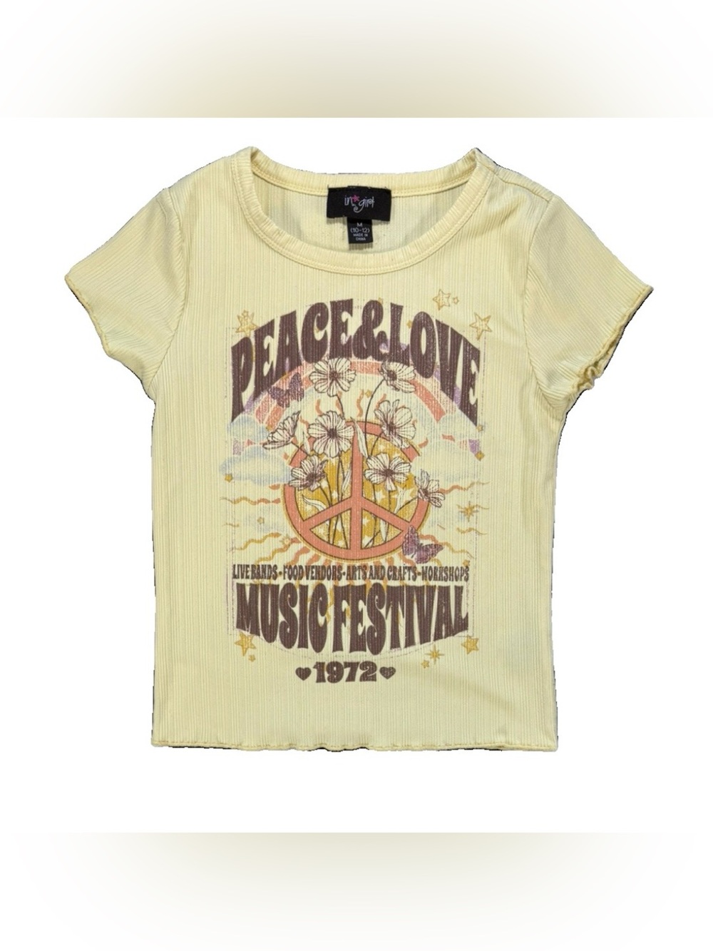 Peace and Love Music Festival T Shirt Girls Medium Yellow Glitter Butterfly